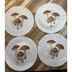 4 Mushroom Round Cotton Weave Placemats Vintage Retro Style Cottagecore‎ Forest